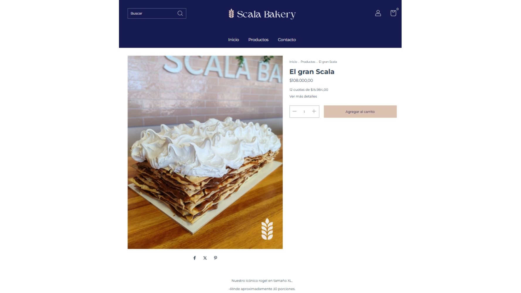 El valor de la torta en la tienda online.