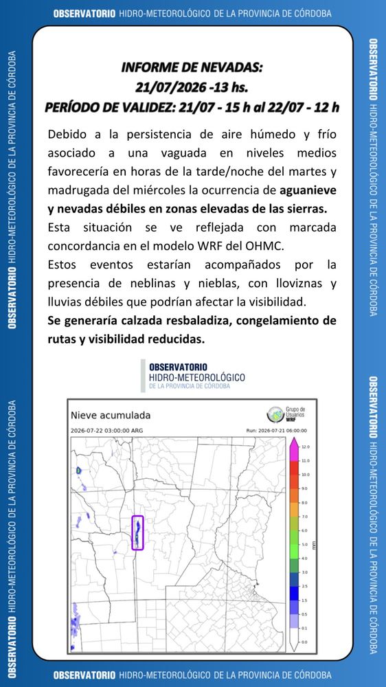 Informe por frío y nevadas en Córdoba del OHMC.