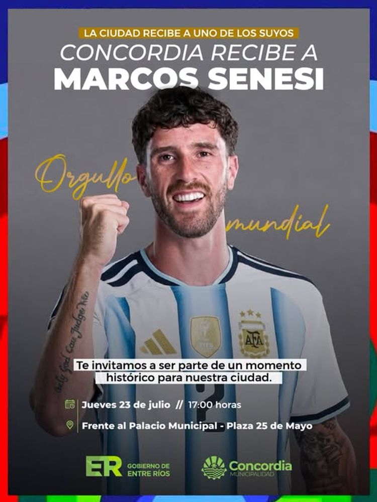 La comunidad está invitada a participar del recibimiento a Marcos Senesi y acompañar este reconocimiento al primer concordiense que integró una Selección Argentina en una Copa del Mundo..