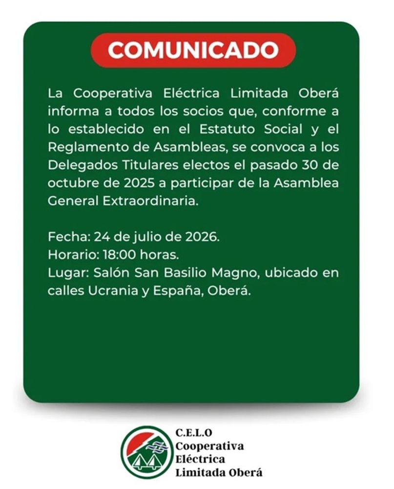 Oberá: la CELO convocó a una Asamblea General Extraordinaria para tratar reformas institucionales.