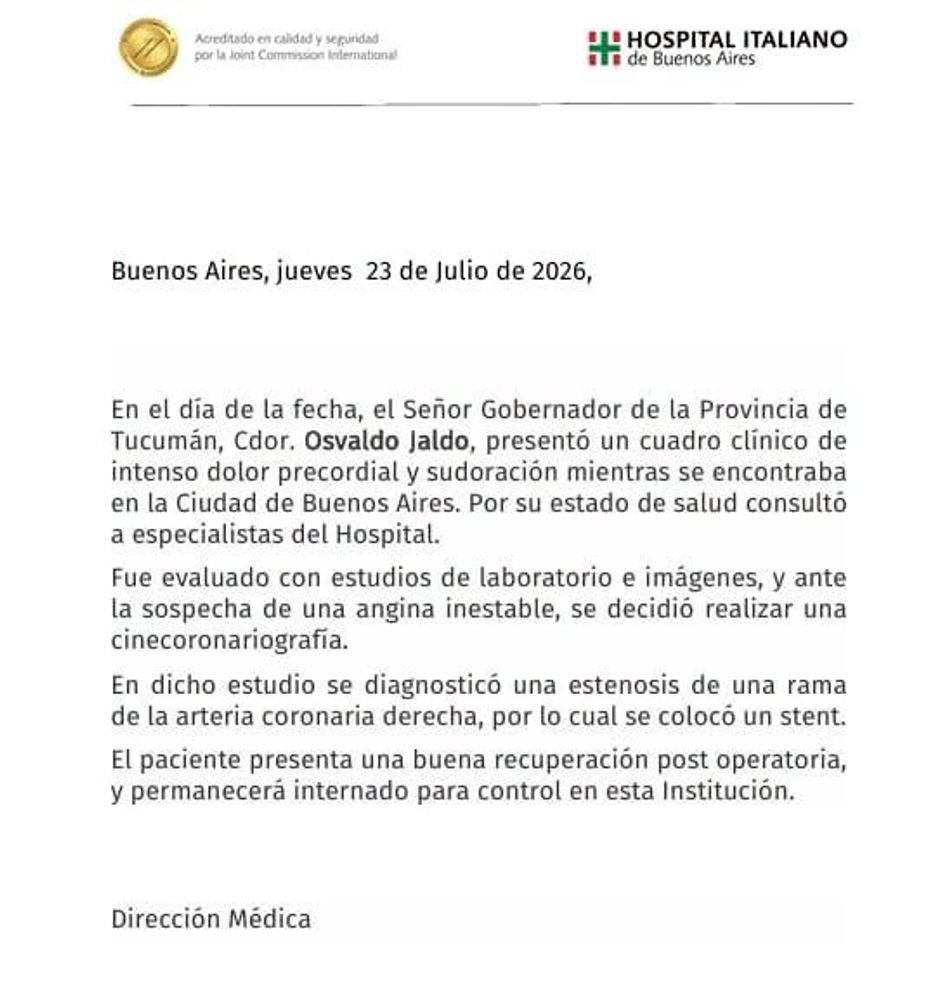 "El paciente presenta una buena recuperación post operatoria", informó el Hospital Italiano
