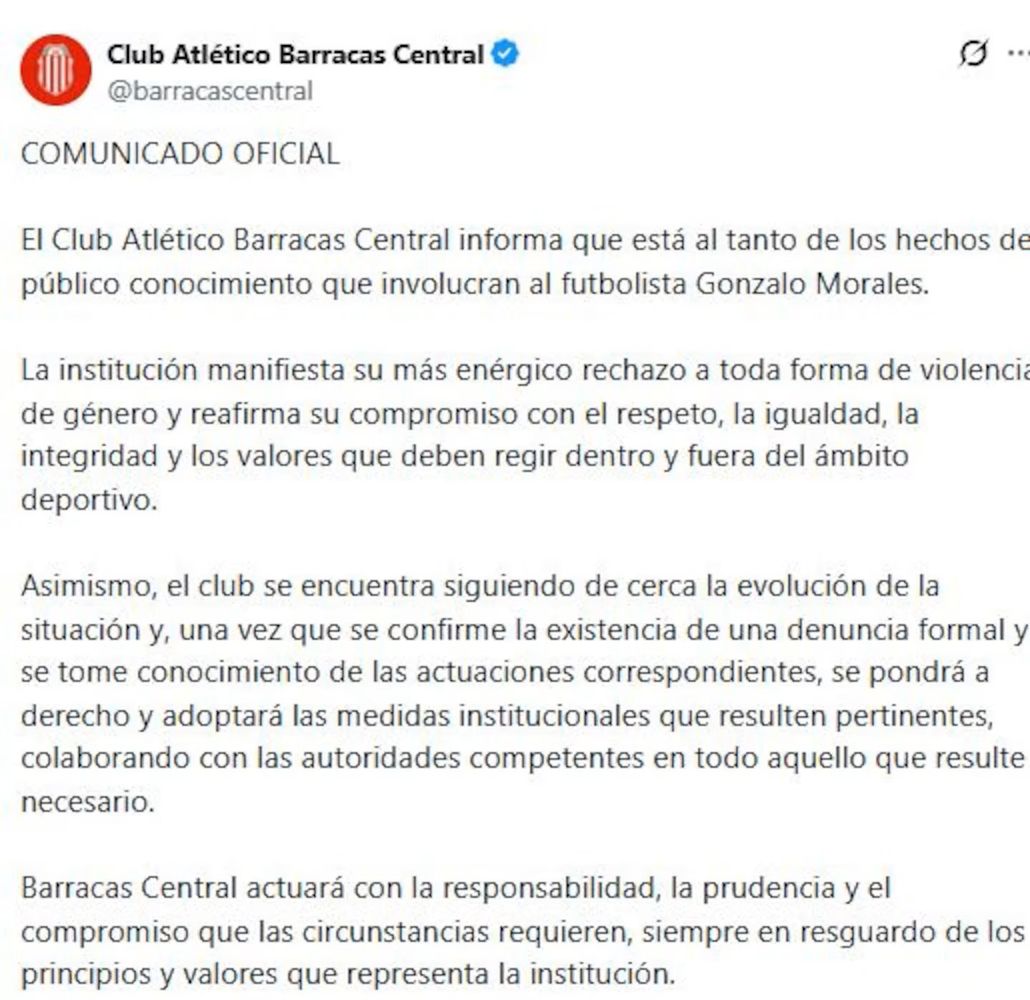 Barracas habló tras la denuncia por violencia de género contra un jugador