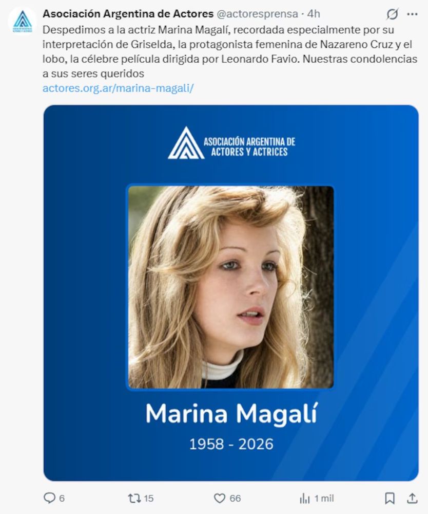 La Asociación Argentina de Actores y Actrices confirmó su fallecimiento y la despidió con un emotivo mensaje.