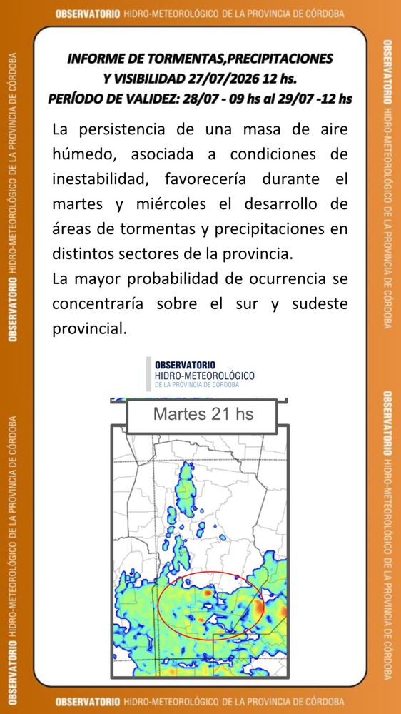 Informe del Observatorio Hidrometeorológico de la Provincia de Córdoba para este martes 28 de julio.