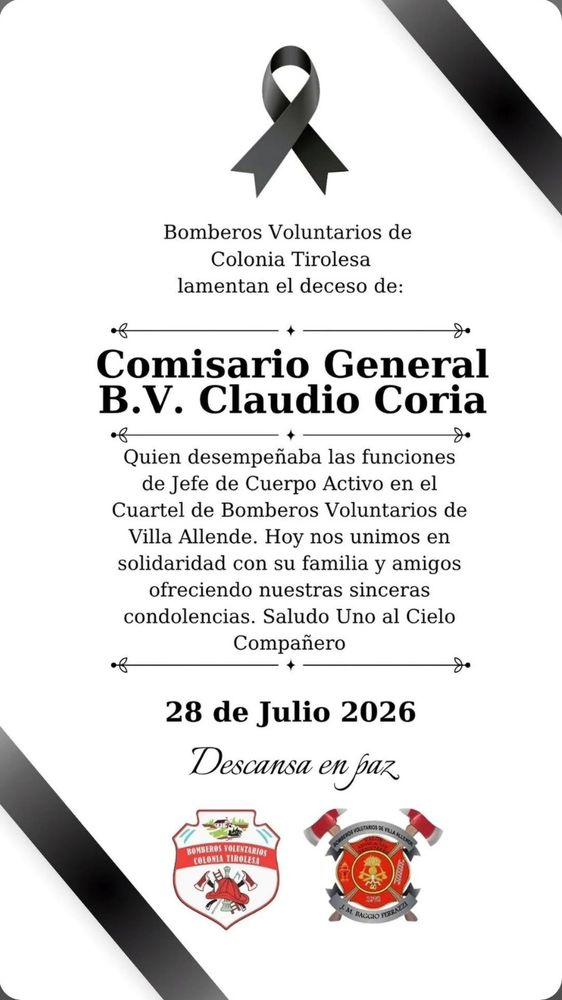 Mensajes de despedida para Claudio Coria, histórico bombero.