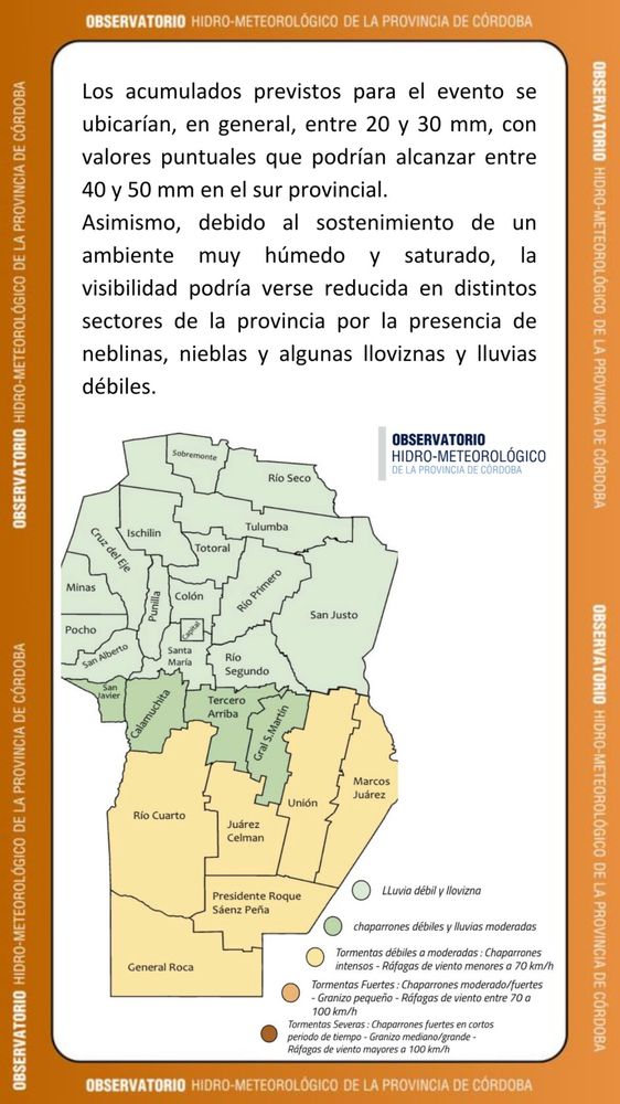 Informe del Observatorio Hidrometeorológico de la Provincia de Córdoba para este martes 28 de julio.