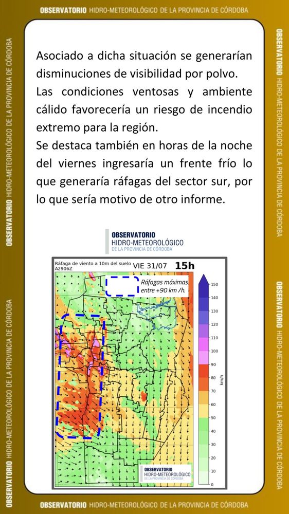 Informe del OHMC para este jueves 30 y viernes 31 de julio sobre el clima en Córdoba.