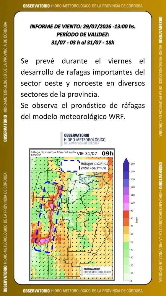 Informe del OHMC para este jueves 30 y viernes 31 de julio sobre el clima en Córdoba.