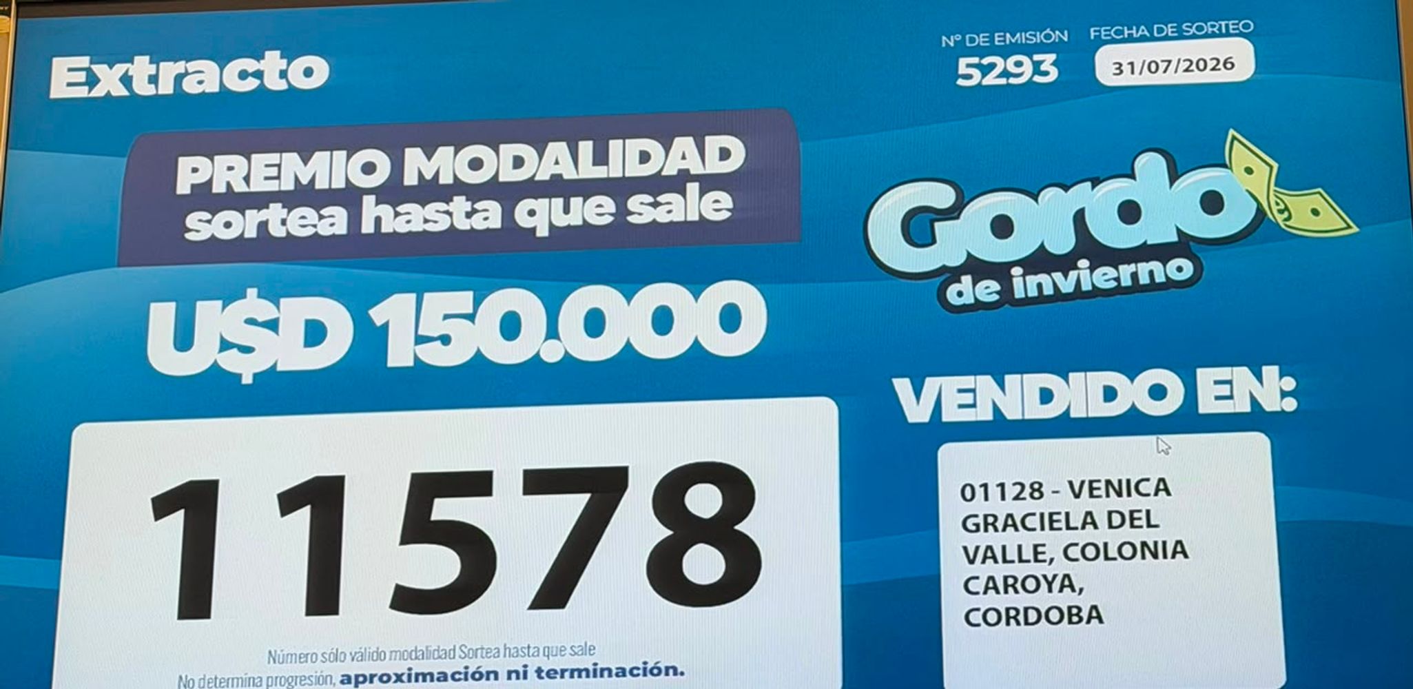 El número ganador del Gordo de Invierno de Lotería de Córdoba.