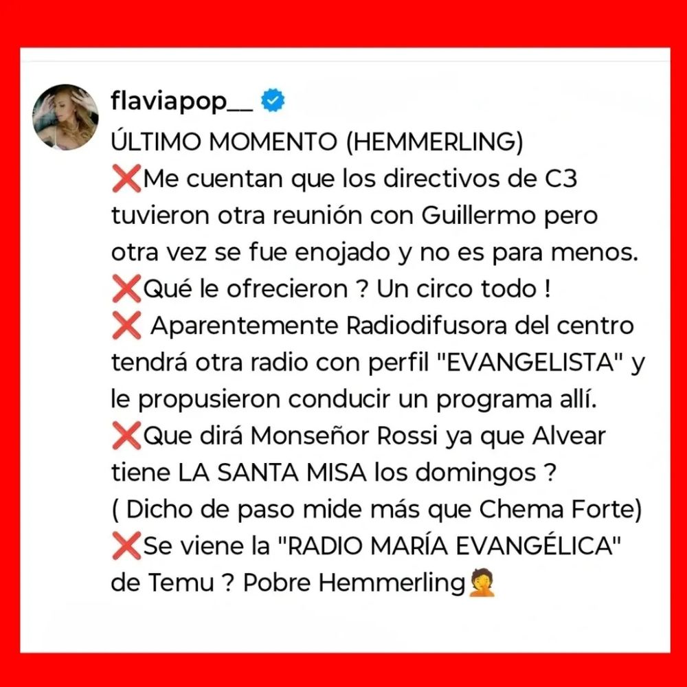 El posteo de Flavia Pop sobre Cadena 3.