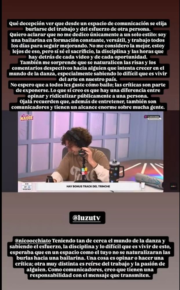 Una bailarina de Pasión de Sábado en contra de Luzu Tv