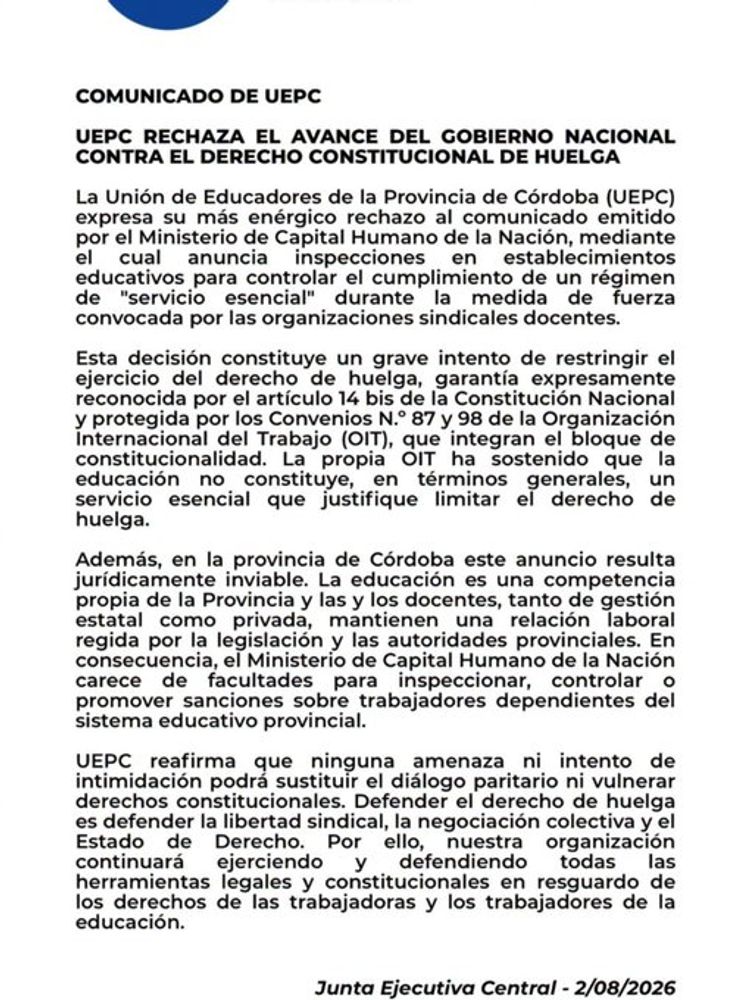 El comunicado oficial de UEPC