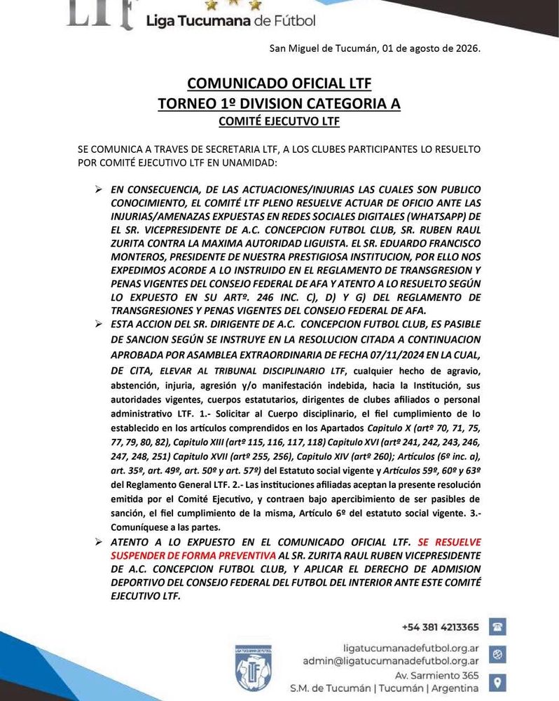 Comunicado de la Liga Tucumana de Futbol