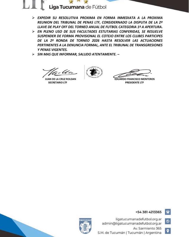 Comunicado de la Liga Tucumana de Futbol