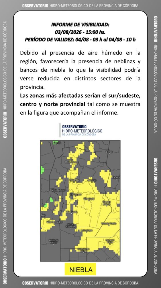 Informe del OHMC para este martes 4 de agosto en Córdoba.