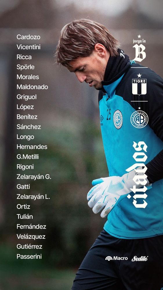 Los convocados para el partido entre Belgrano y Tigre.