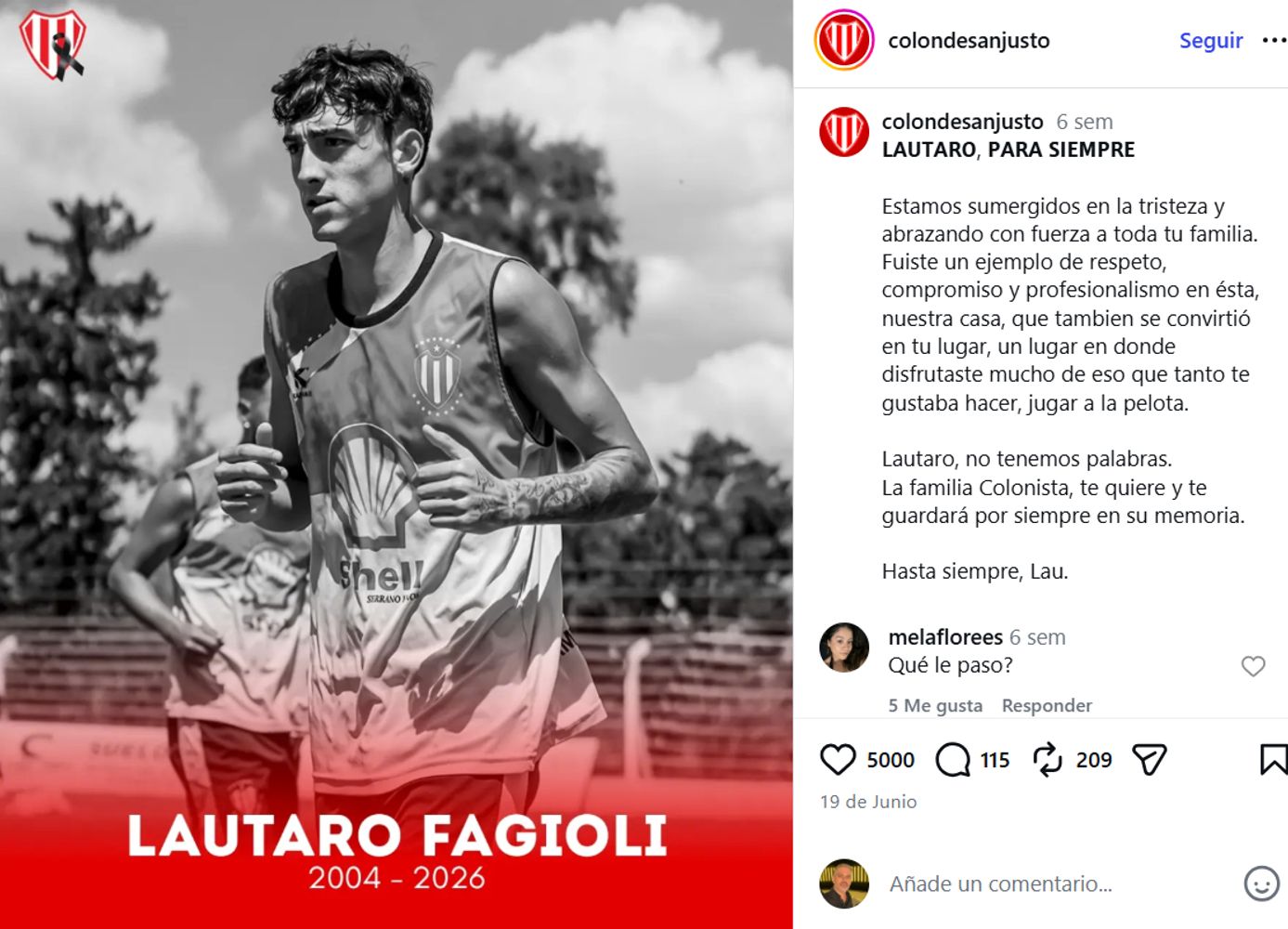 El mensaje del club Colón de San Justo ante la muerte de Lautaro