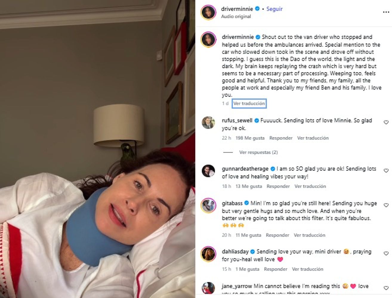 Minnie Driver reveló el accidente automovilístico que sufrió en Francia junto a un amigo.