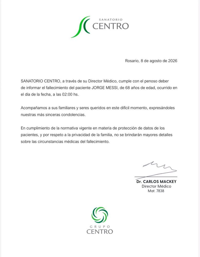 Comunicado del Sanatorio Centro por la muerte de Jorge Messi