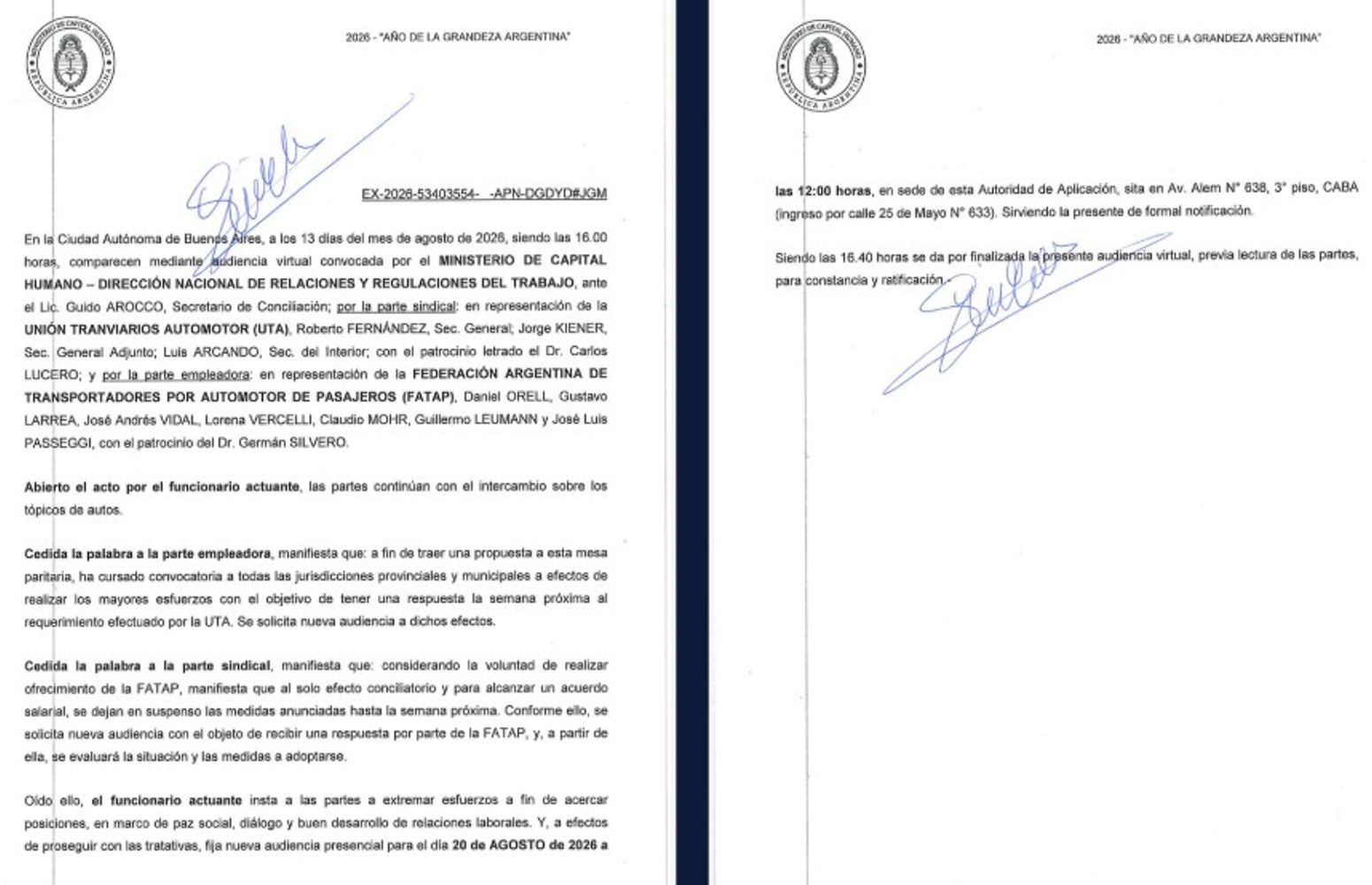 Así quedó documentada la suspensión de las medidas de fuerza en la audiencia virtual convocada por Capital Humano.