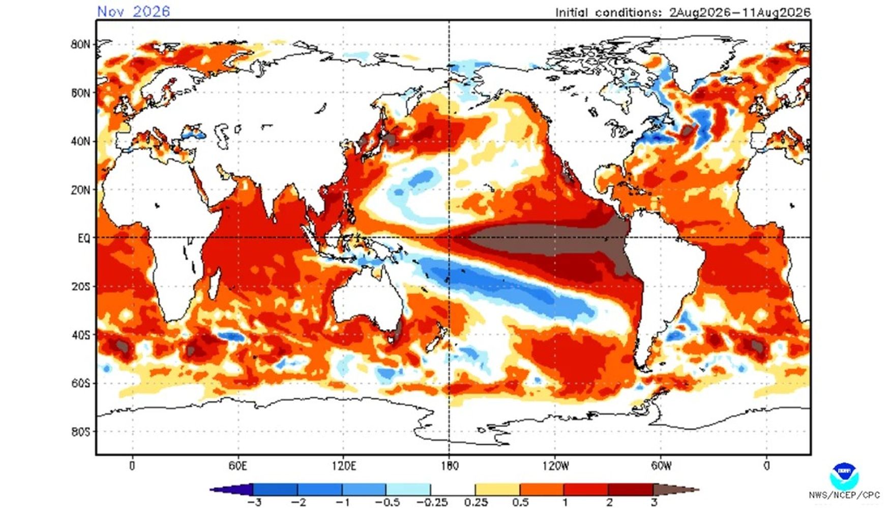 El impacto del fenómeno "Súper Niño", según el modelo CSFv2 de la NOAA. Créditos: Adaptado de la NOAA.