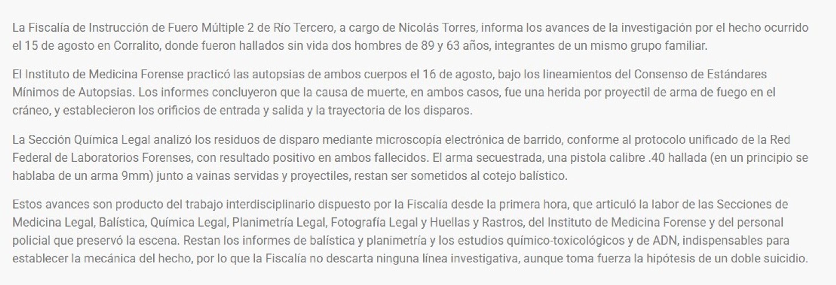 Investigación por la muerte de padre e hijo en Corralito, provincia de Córdoba.