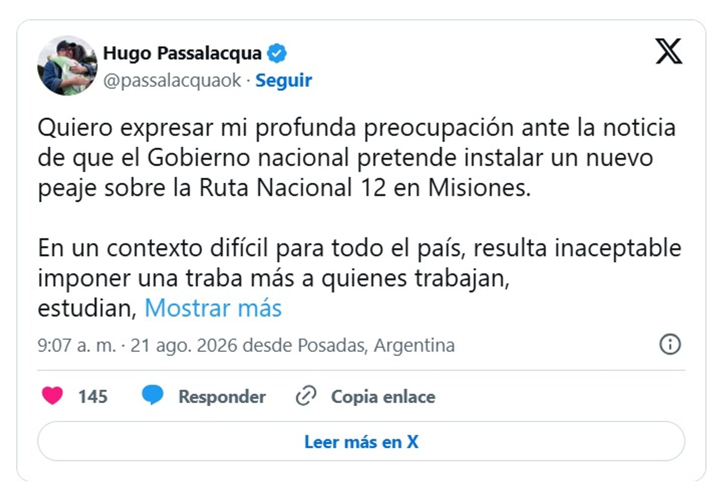 Passalacqua rechazó un nuevo peaje sobre la Ruta Nacional 12 en Misiones.