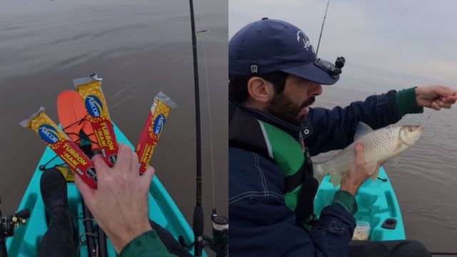 Un pescador mostró la inusual carnada que utilizó.
