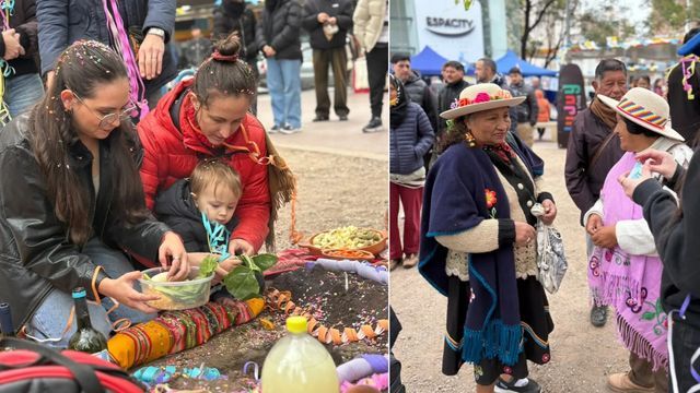 La plazoleta "Éxodo Jujeño" de la ciudad mediterránea fue escenario de una jornada que abrió a la comunidad la posibilidad de participar activamente en el tributo a la Pachamama, a la usanza jujeña.
