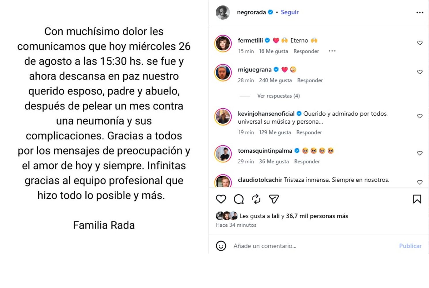 El triste anuncio de la familia