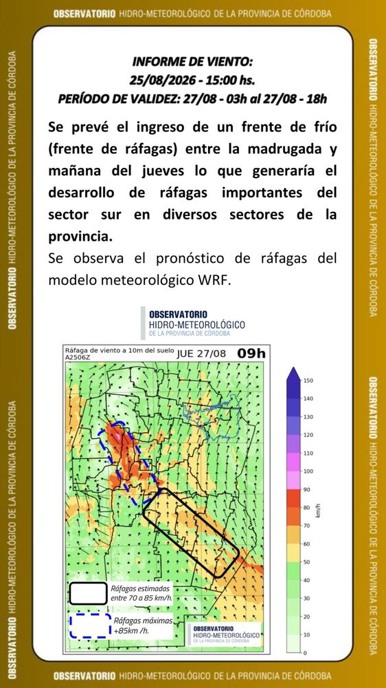 El informe del OHMC por fuertes vientos para este jueves 27 de agosto.