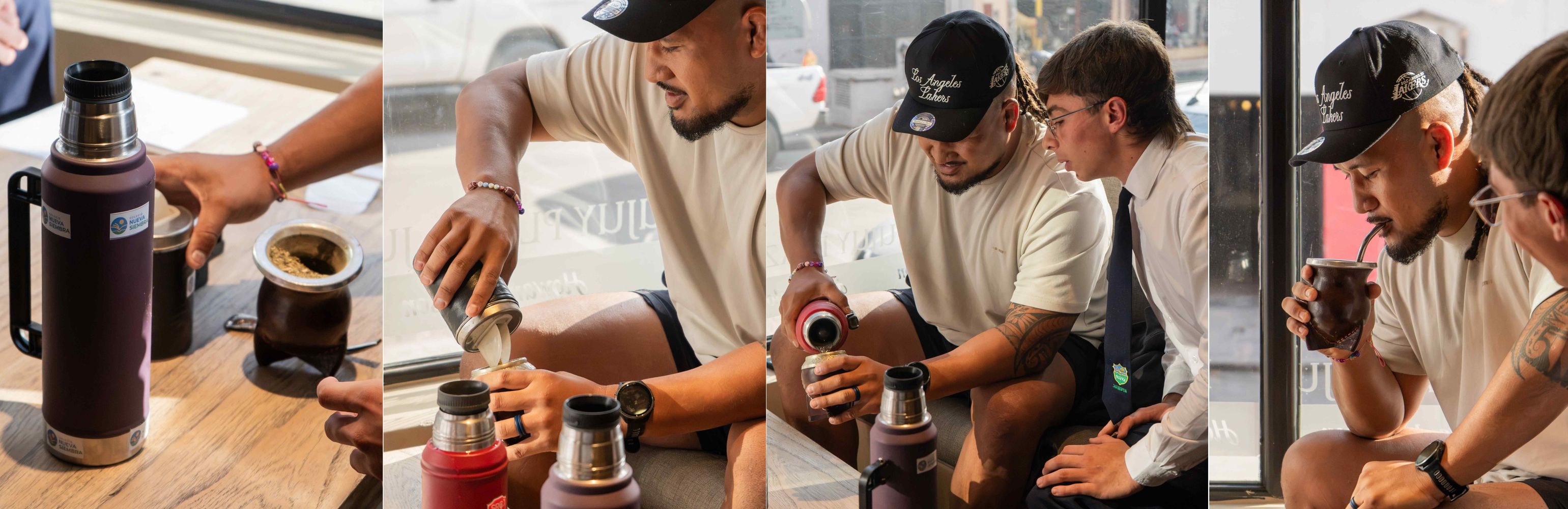 Siguiendo precisas instrucciones de los chicos del 5.to año del Nueva Siembra, Brandon Paenga-Amosa aprendió el paso a paso de cómo cebar un buen mate jujeño.
