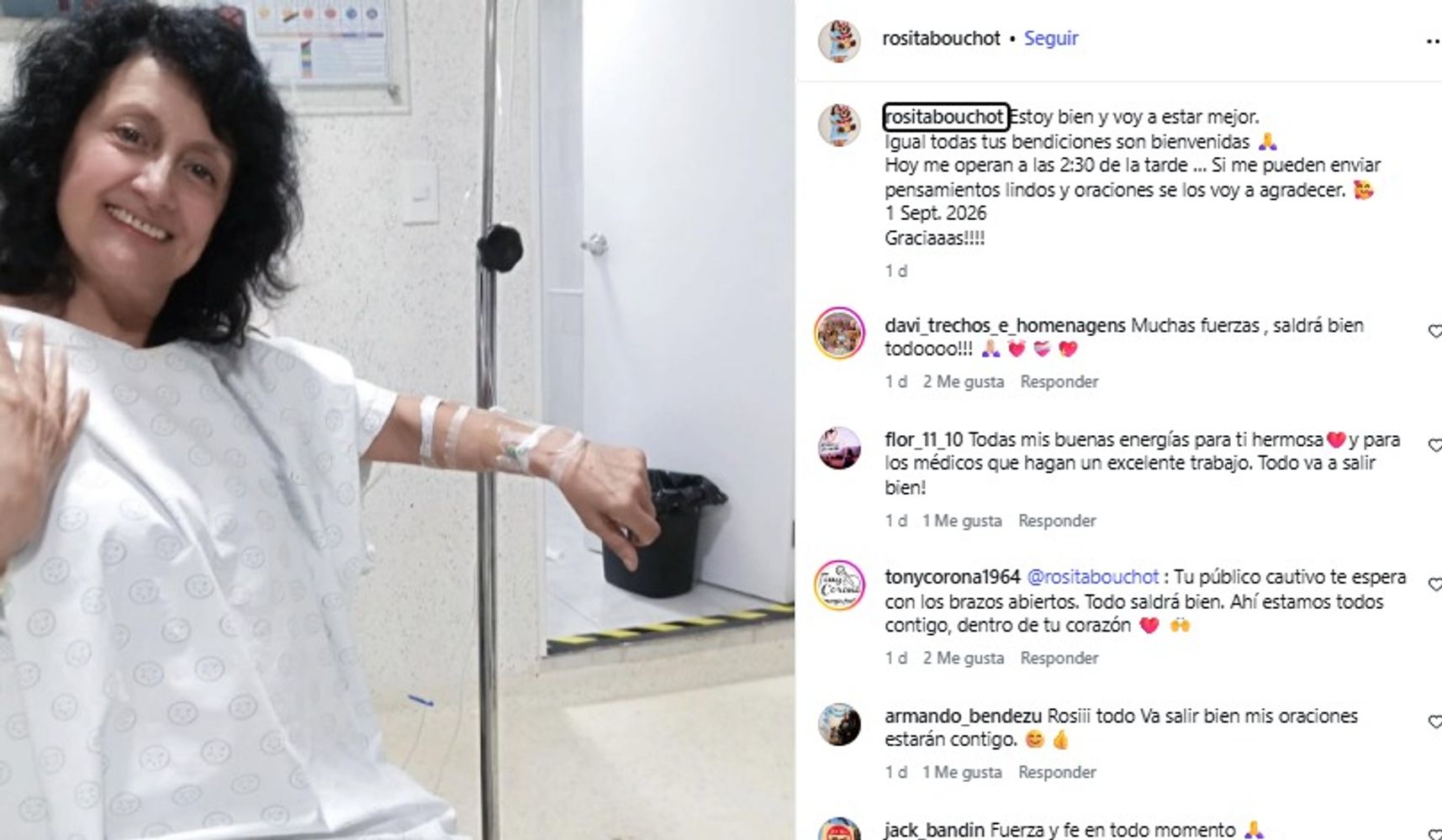Bouchot compartió una fotografía desde el hospital antes de su intervención.