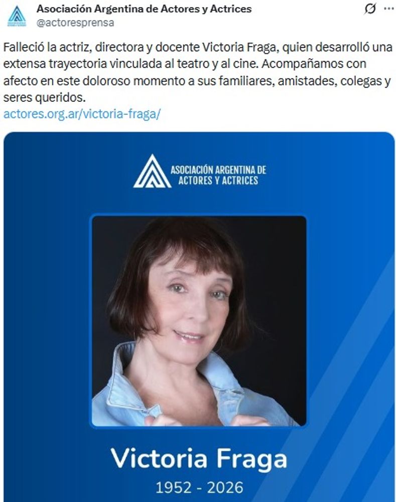 Victoria Fraga murió a los 73 años después de una extensa trayectoria ligada al teatro y al cine argentino.