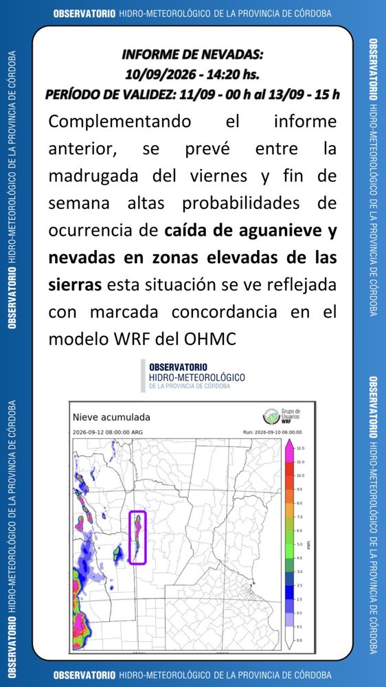 Informe por nevadas para Córdoba.