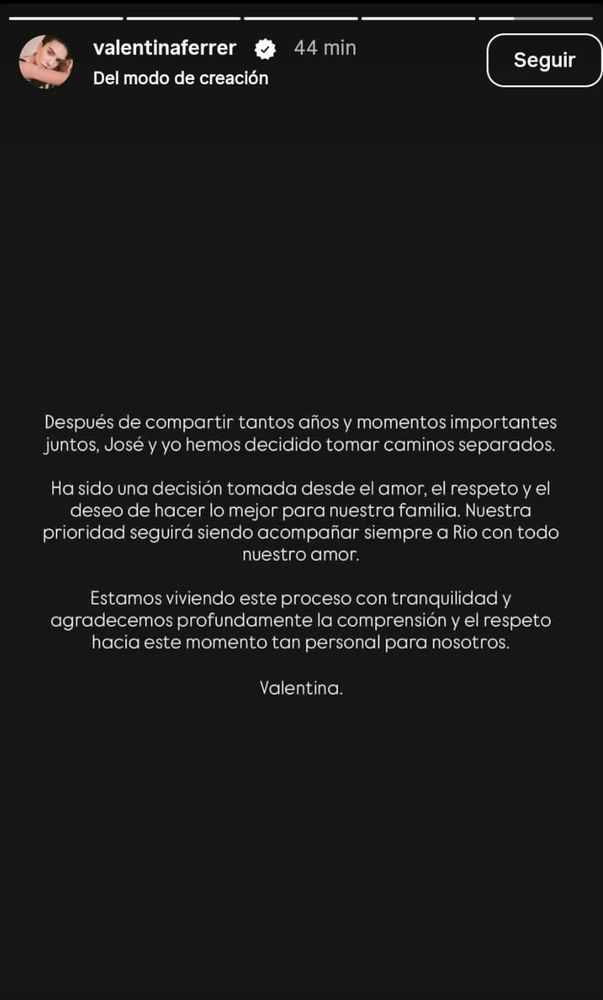 Valentina confirmó la separación en Instagram.