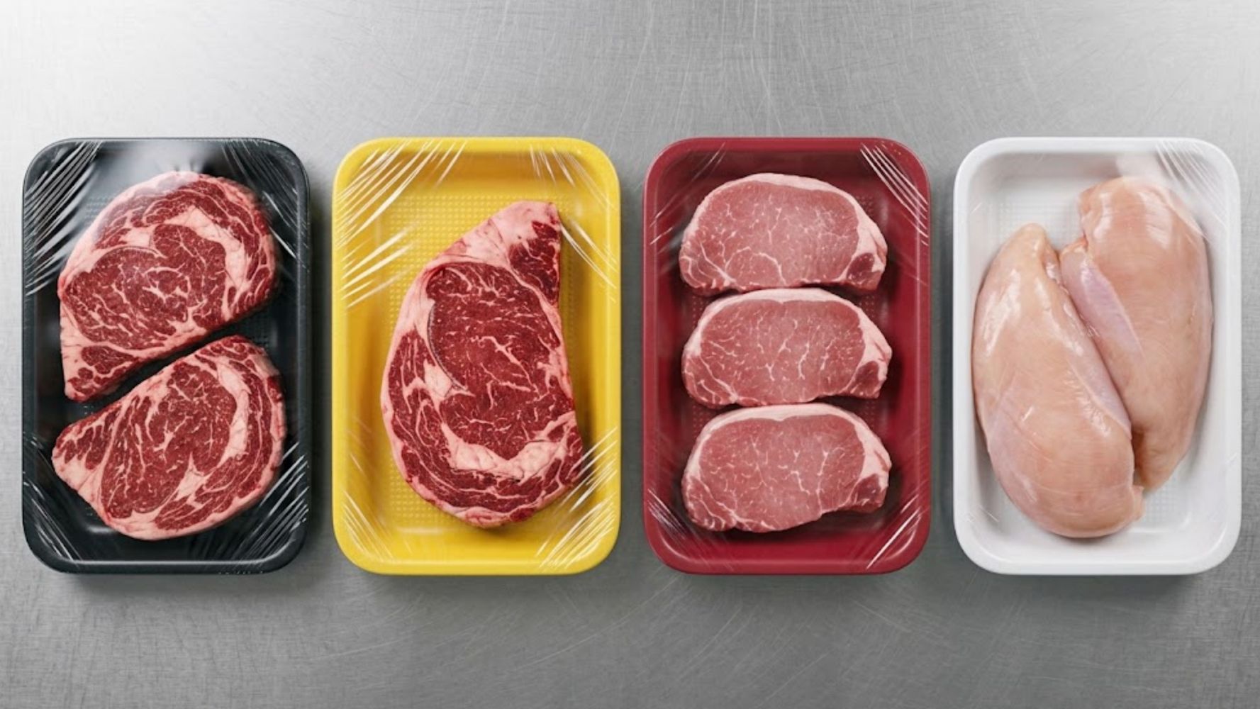 Todos los colores que pueden tener las bandejas de carne en el supermercado.