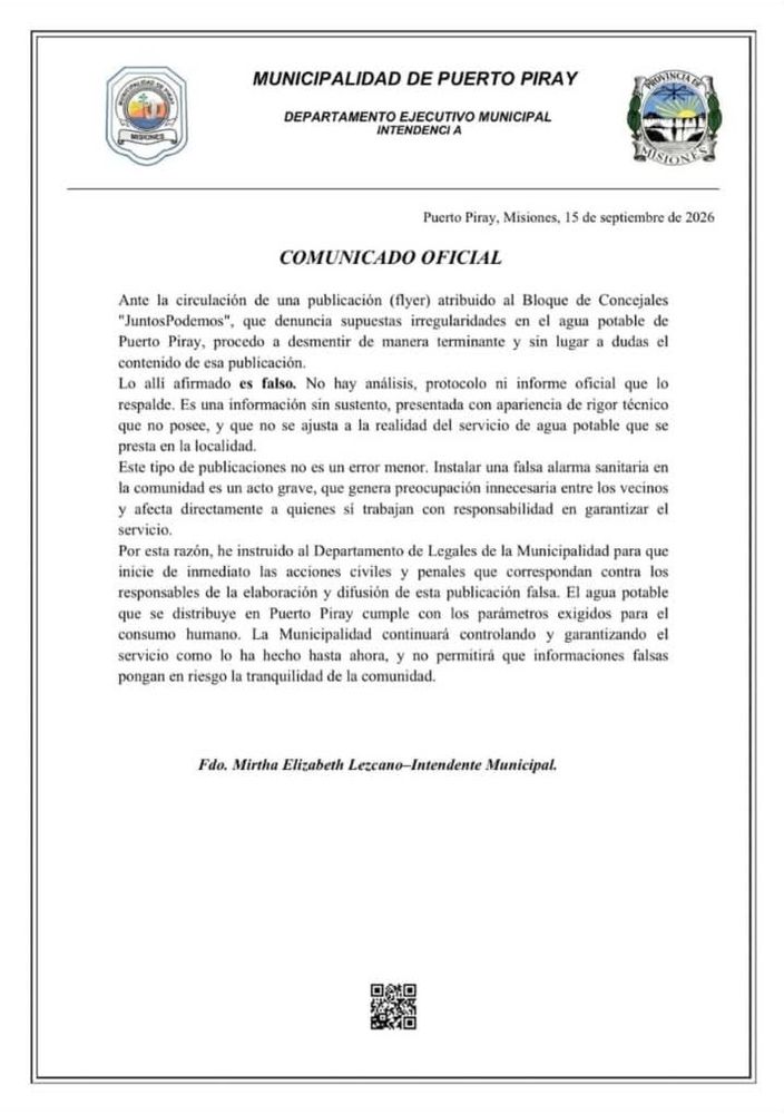 Puerto Piray: la intendenta denunció a dos concejales tras las acusaciones por el estado del agua de red.