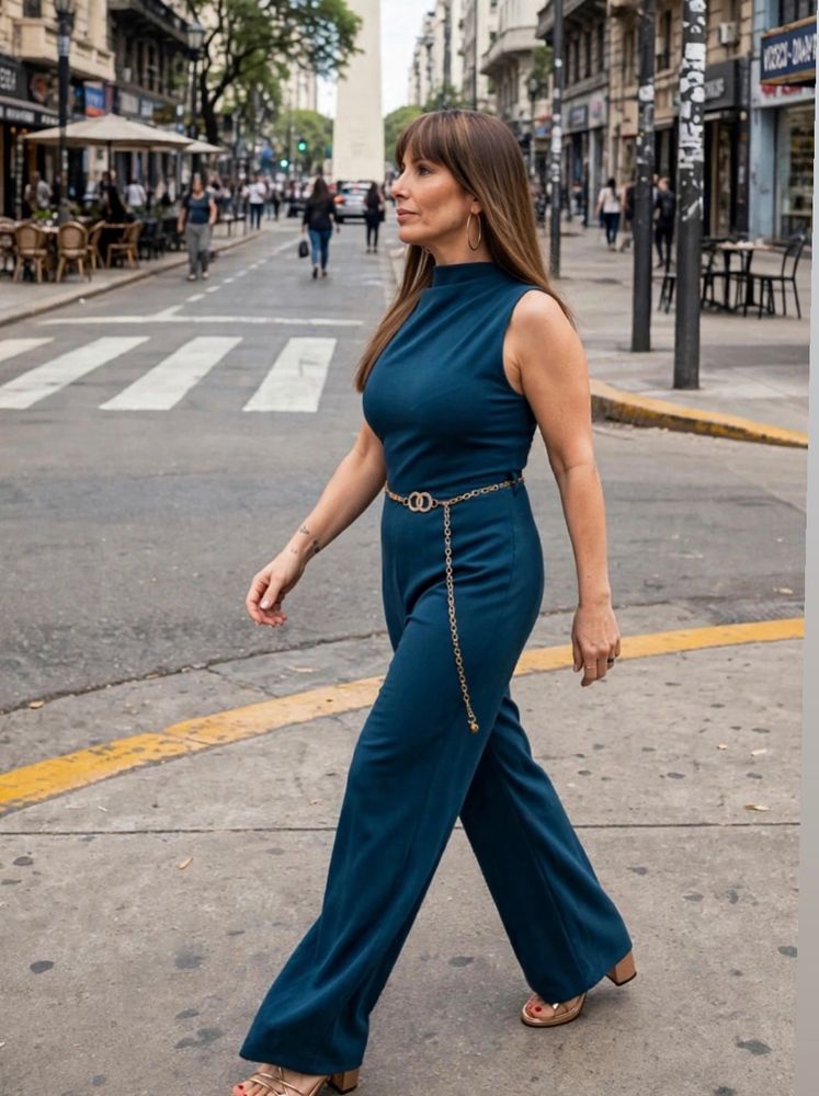 A sus 58 años, Viviana Saccone deslumbró con look monocromático color azul petróleo y marcó tendencia
