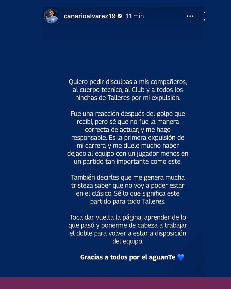El posteo de Agustín Álvarez Martínez, pidiendo disculpas en Talleres.