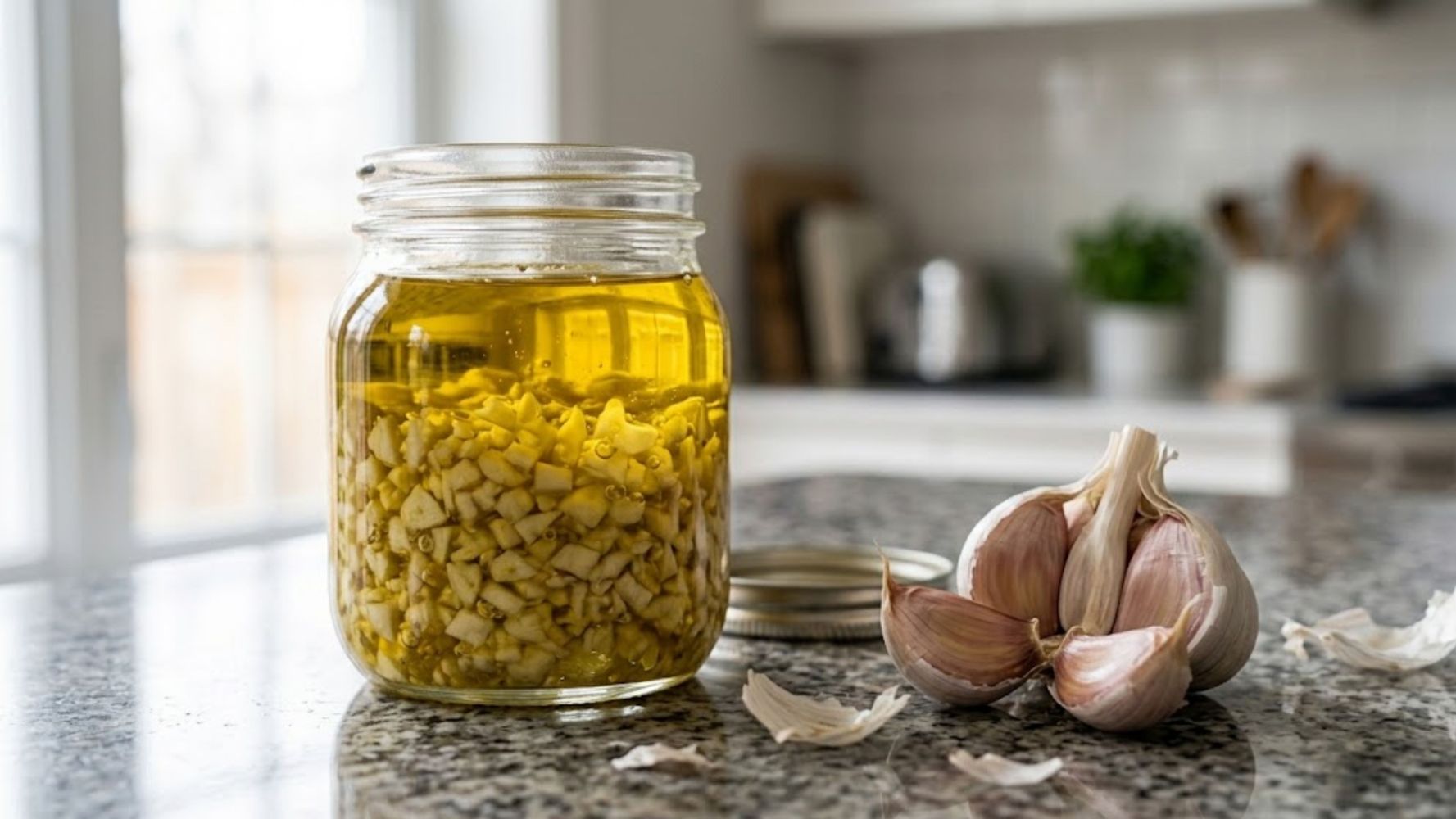 Preparación de ajo y aceite en cocina