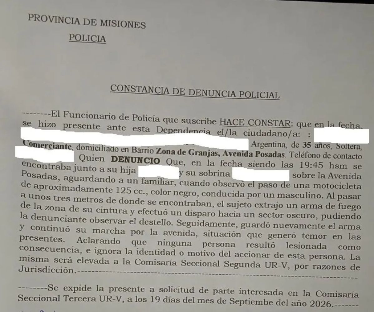 Puerto Iguazú: dispararon desde una moto cerca de una mujer y dos niñas y no hubo heridos.