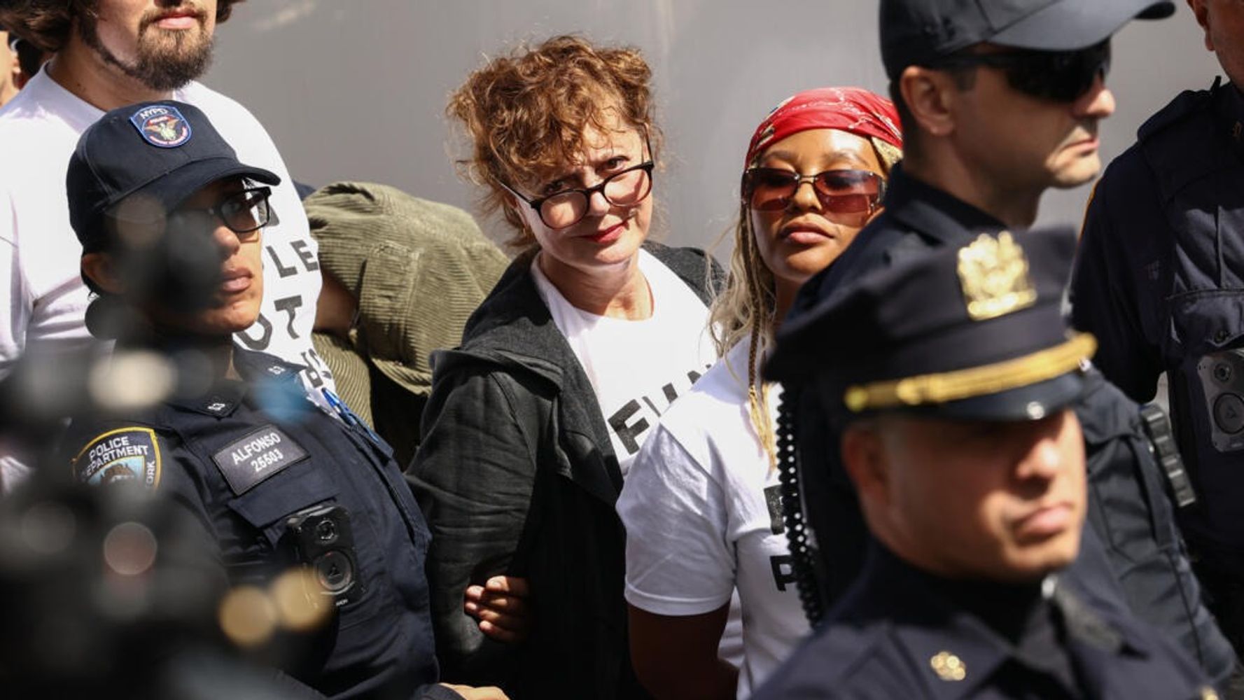Susan Sarandon participó de una protesta frente a la sede de las Naciones Unidas en Nueva York.