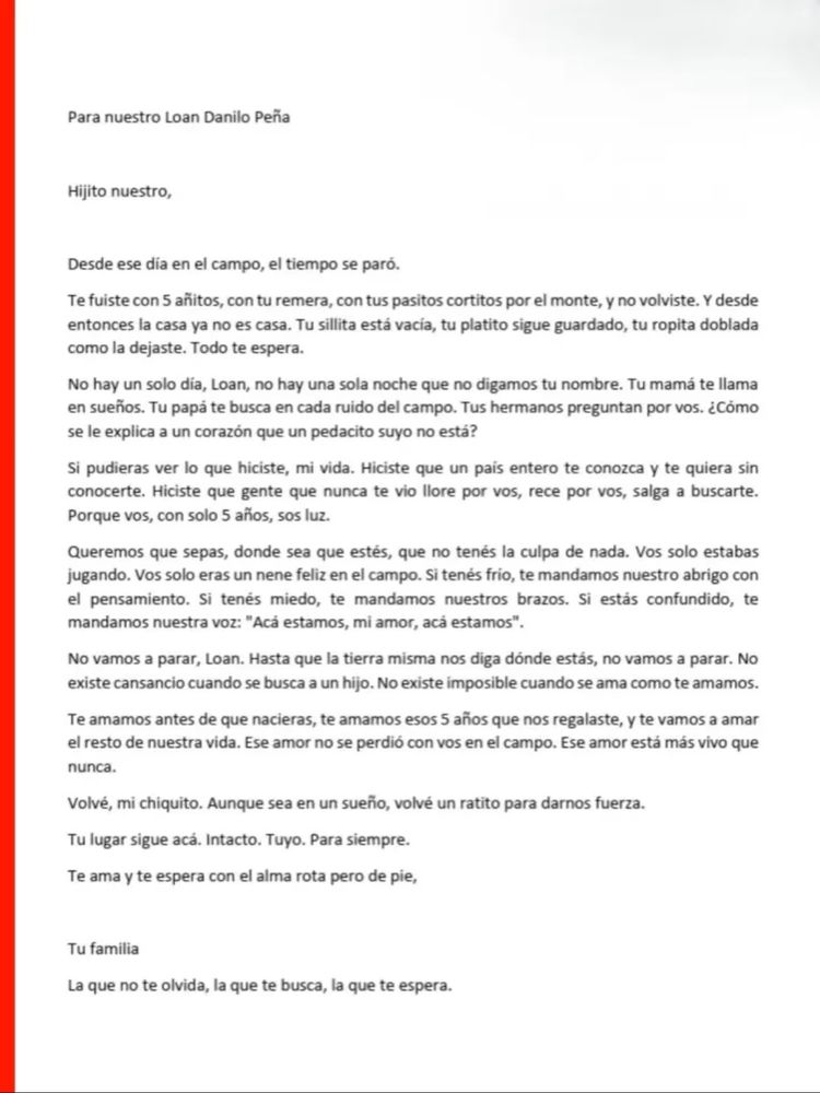 La carta de la familia de Loan Peña