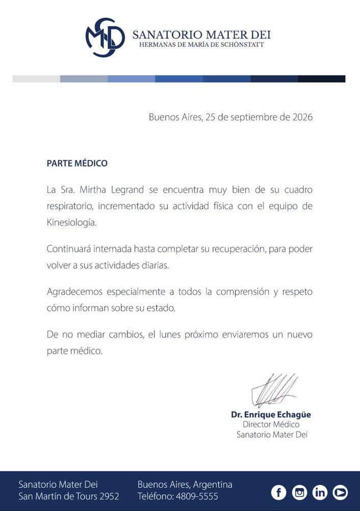 Parte médico de Mirtha Legrand del 25 de septiembre