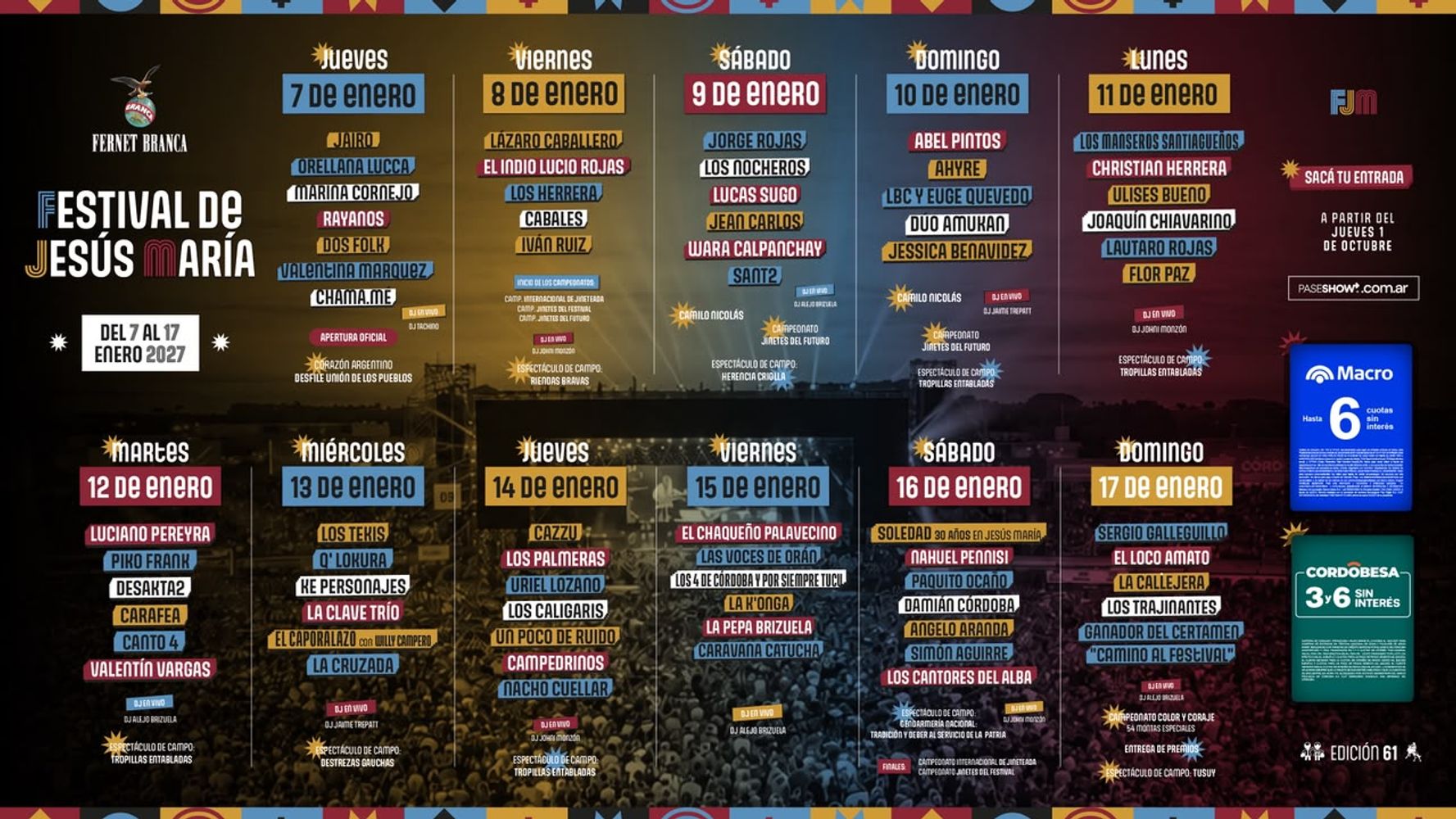 La grilla completa del Festival de Jesús María 2027.