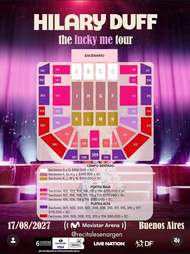 Hilary Duff en Argentina 2027: mapa de ubicaciones del Movistar Arena, precios y dónde comprar las entradas