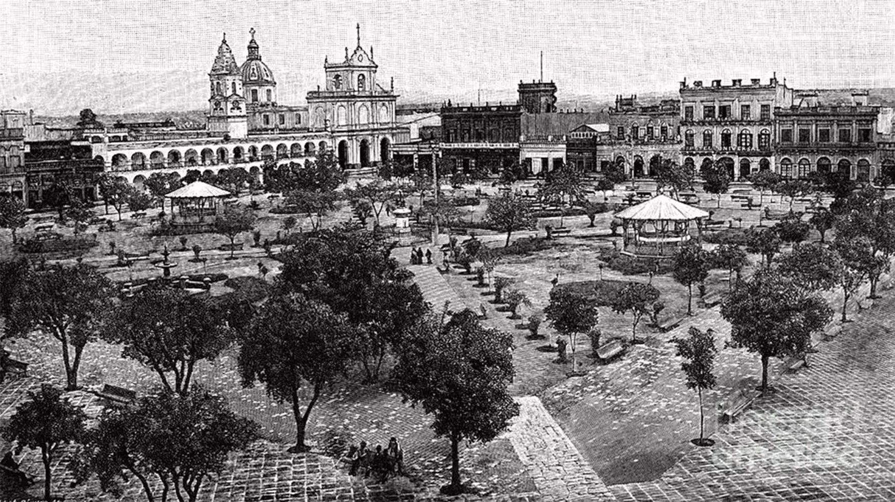 Una vista de la capital tucumana de 1816, al fondo, el antiguo Cabildo.