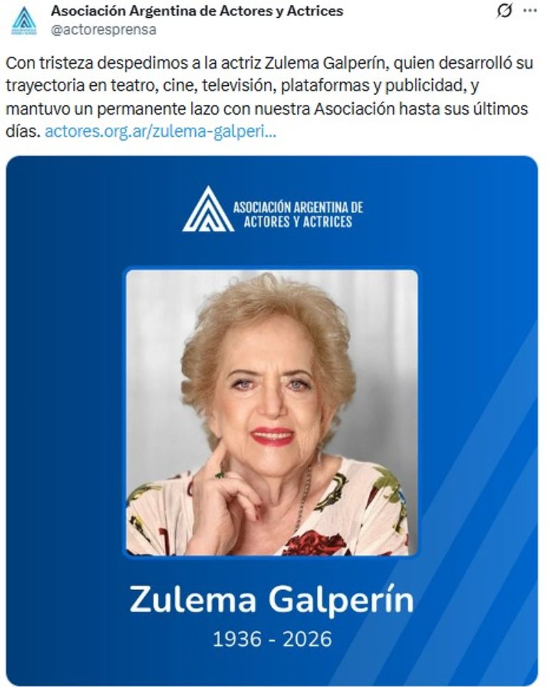 Así, la Asociación Argentina de Actores despidió a Zulema Galperín.