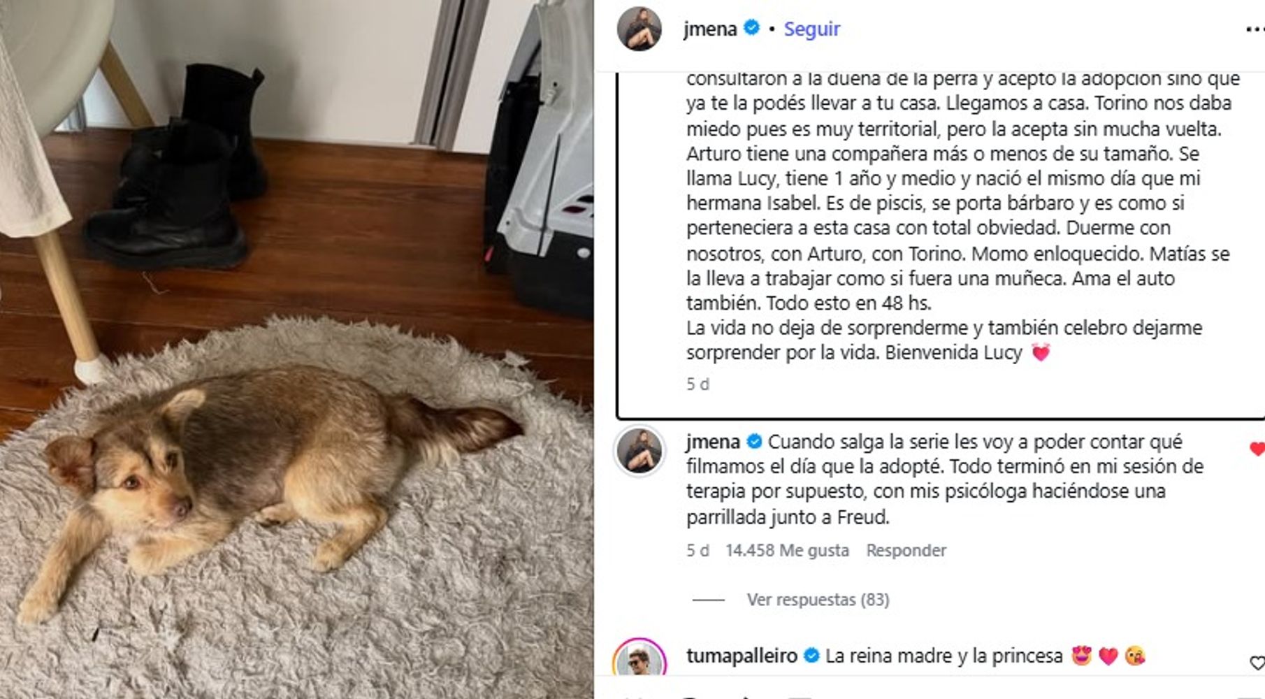 Lucy fue adoptada por Jimena Barón después de conocerse durante las grabaciones.